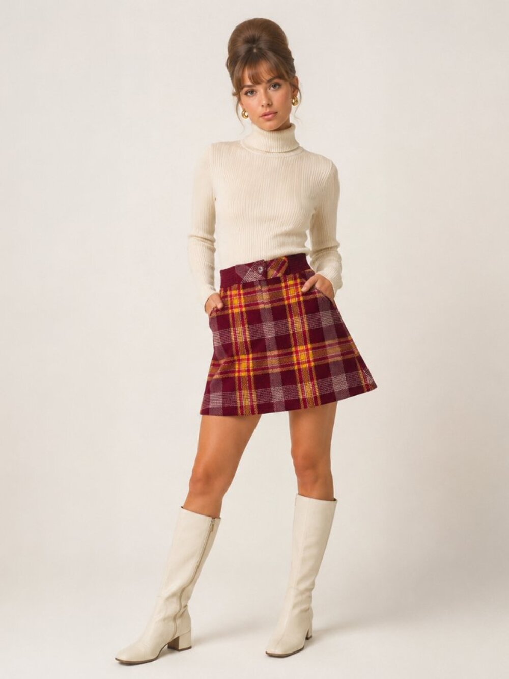 Vintage Bobbie Brooks 60's Tartan Plaid Mini Skirt in Burgundy and Yellow